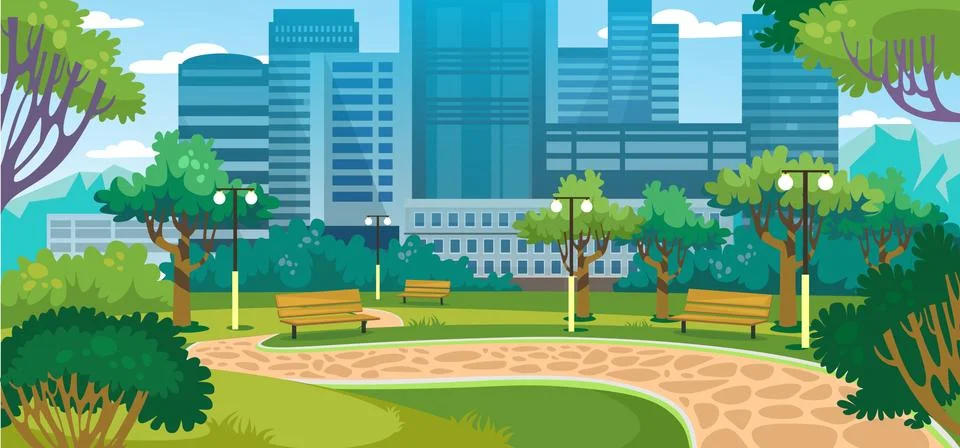 City summer park with green trees and benches Stock Illustration