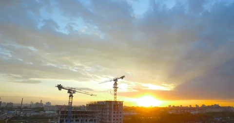 City sunset on the background of forests and construction Video stock 93302117