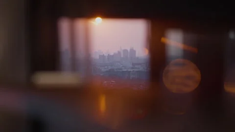 City Sunset Skyline Reflection in Mirror with Lens Flare, B-Roll Stock Footage 337532818