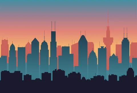 City at sunset vector illustration in flat style, abstract background. Stock Illustration