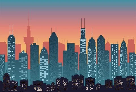 City at sunset vector illustration in flat style, abstract background. Stock Illustration