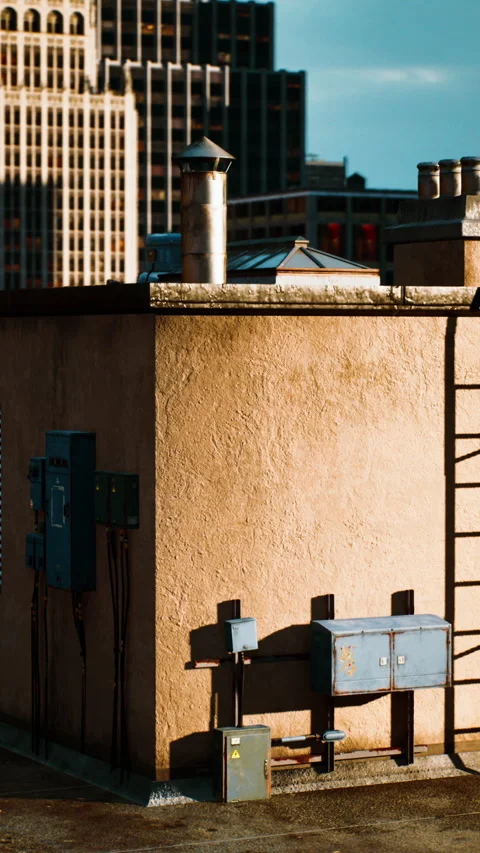 City sunset view from rooftop of skyscraper buildings Stock Footage 268985825