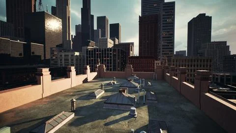 City sunset view from rooftop of skyscraper buildings 스톡 일러스트