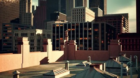 City sunset view from rooftop of skyscraper buildings 스톡 일러스트