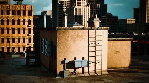 City sunset view from rooftop of skyscraper buildings 스톡 일러스트