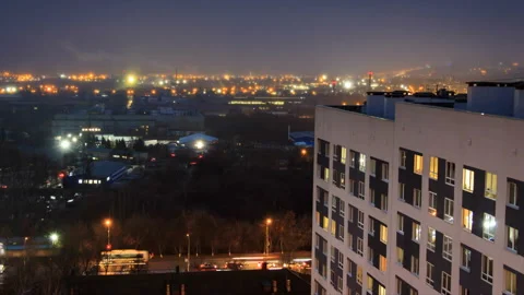 City surrounded by dense fog.Evening timelase of a high-rise modern building Video stock 113409870