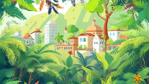 City surrounded by forest in tropical. Stock Footage 303682848