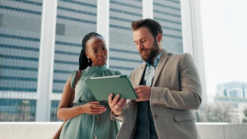 City, talking and tablet with developer people outdoor on rooftop for Stock Footage 303925969