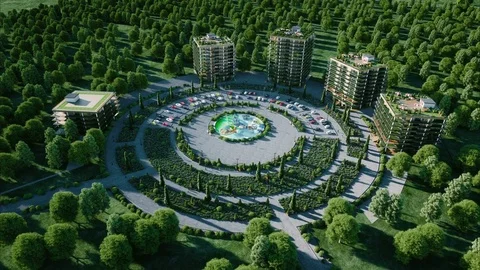 City, town architectural 3d visualization. Aerial view. Realistic 4k animation. Video stock 76593798