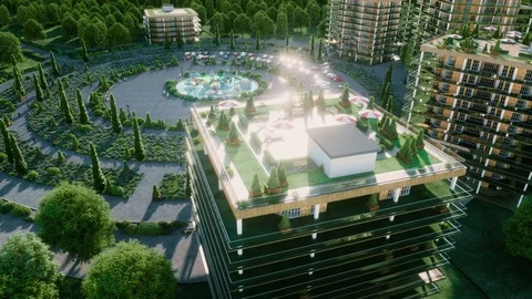 City, town architectural 3d visualization. Aerial view. Realistic 4k animation. Video stock 76594410