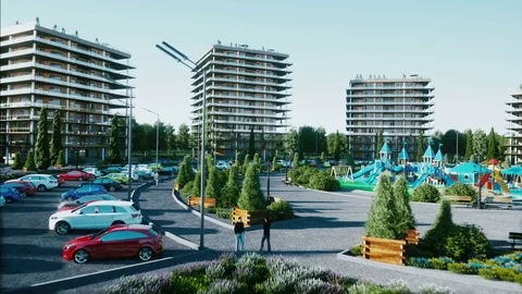 City, town architectural 3d visualization. Aerial view. Realistic 4k animation. Stock-Footage 76595199