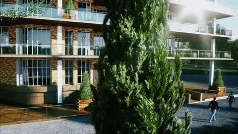 City, town architectural 3d visualization. Aerial view. Realistic 4k animation. Stockbeeldmateriaal 76597754