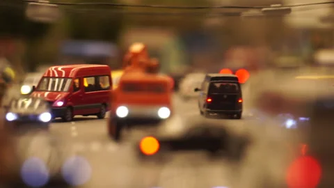 City traffic closeup static frame. Footage. Model of a city street with cars Stock Footage 219317431