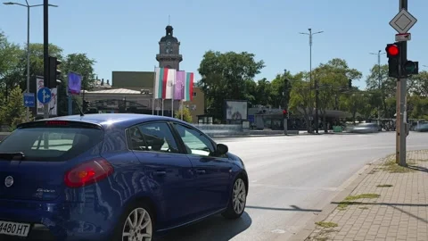 City traffic intersection with motion blur cars Stock Footage 345748017