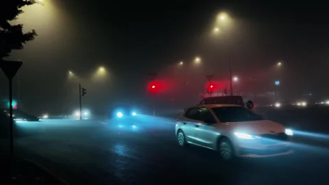 City traffic on misty intersection illuminated by glowing car lights at night Stock Footage 329452856