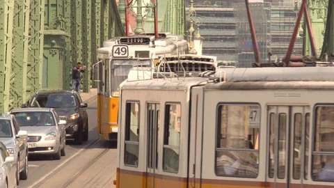 City Traffic Old Trams Over Liberty Bridge Budapest Hungary Stock Footage 102607362