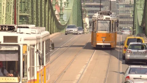 City Traffic Old Trams Over Liberty Bridge Budapest Hungary Stock Footage 102607371