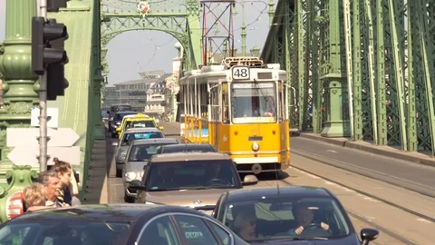 City Traffic Old Trams Over Liberty Bridge Budapest Hungary Stock Footage 102608551