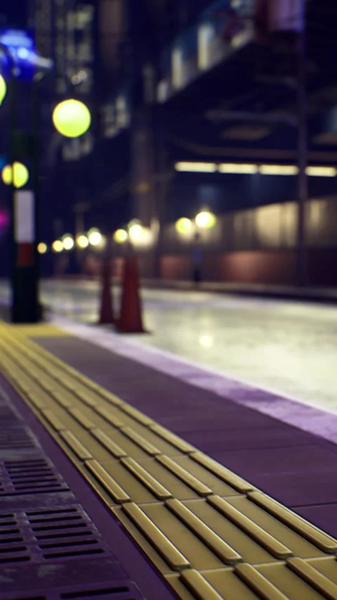 City train station platform at night with lights and waiting area Stock Footage 334184658