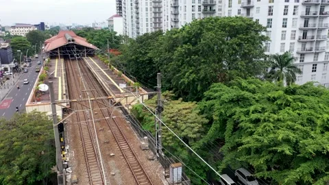 City train station rail ways aerial drone view. Wide drone view Stock Footage 219248752