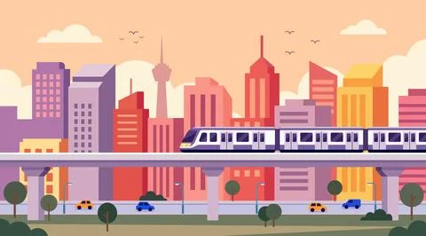 City train at sunset Stock Illustration