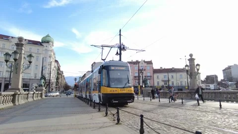 City tram on Lions' Bridge in Sofia. Sofia is the capital of Bulgaria. 스톡 동영상 240390269