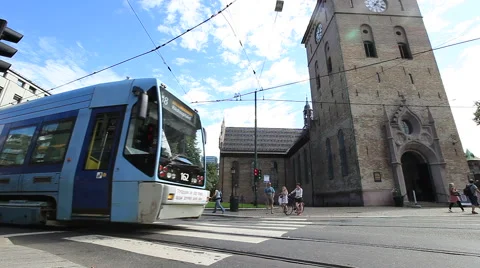 City Tram Makes a Sharp Turn. Wide Angle View Stock Footage 61496277