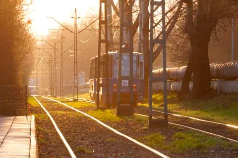 City trams in the rays of the sunset soft bright back-light sun, glare on the Stock Photos