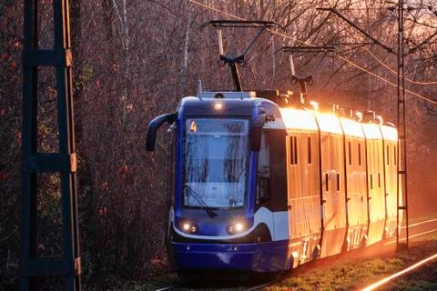 City trams in the rays of the sunset soft bright back-light sun, glare on the Stock Photos