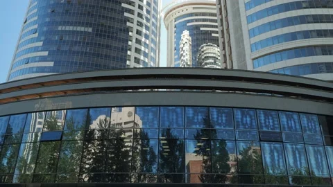 City. Trees are reflected in the mirrored windows of the residential complex. Vídeos de archivo 195180407