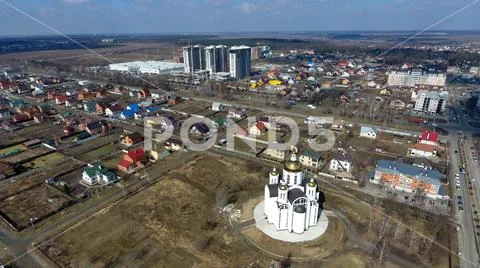 City view from above, church with copter Stock Photos