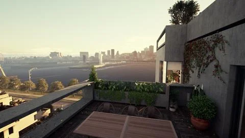City-view Balcony With Table Stock Illustration