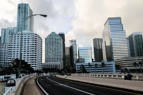 City view of Brickell with empty streets and cloudy skies Stock Photos
