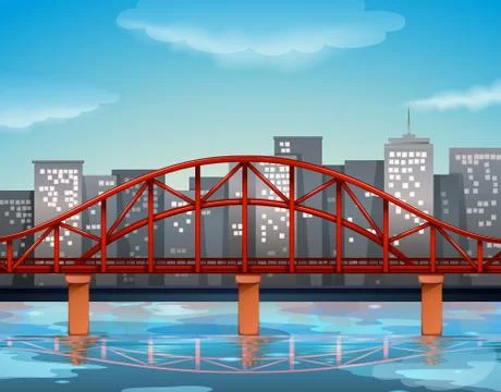City view with bridge over the river Ilustração Stock