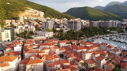 City view with different architectural styles. Drone Shot of old town Budva in Stock Footage 167686594