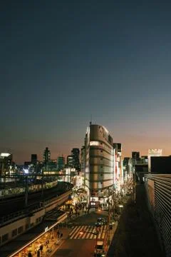 City view of downtown Tokyo at dusk with beautiful sky color cast Photos