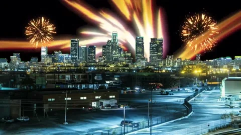 City view with fireworks Stock Footage 313767393