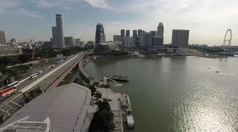 City view from high up with a flight view across the Merlion 스톡 동영상 50396057