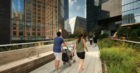 City view from the High Line elevated walkway park in Manhattan New York Stock Footage 122801064