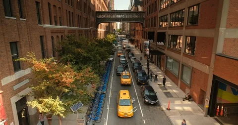 City view from the High Line elevated walkway park in Manhattan New York Stock Footage 122979018