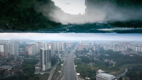 City view with mirror reflection of the forest, abstract footage Stock Footage 126484832