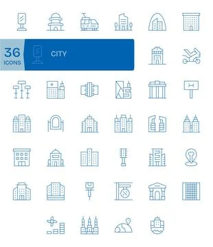 City Visual Pack containing 40 Thin Line PIXEL Perfect Vector Icons Stock Illustration