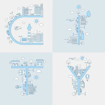 City word vector flat line illustration. Urban landscapes with buildings, cars Stock Illustration