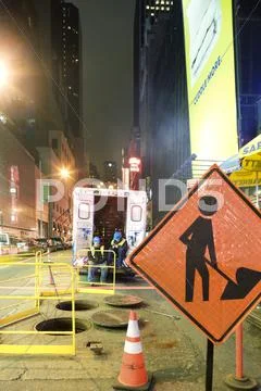 City Workmen Taking Break From Work On W 42Nd Street Near Times Square, New York