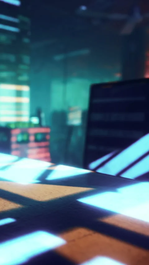 City workspace with computer and urban view during daytime Stock Footage 335354452