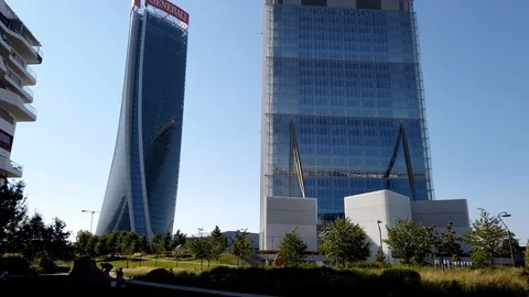 CityLife Complex Torre Generali Tower, Torre Allianz Tower Insurance Milan Stock Footage 112375277