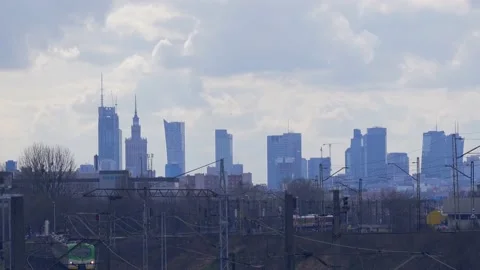 City's skyline with train passing by Stock Footage 152099625