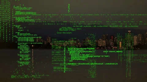 Cityscape and digital codes Stock Footage 107673379