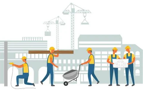 Cityscape and Workers, Construction Working Team Stock Illustration