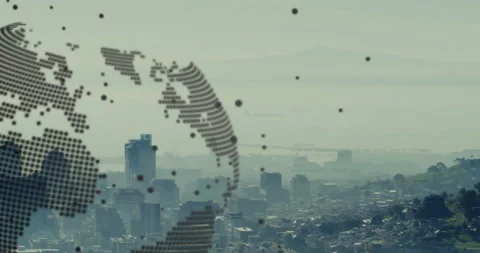 Cityscape background with digital world map overlay and coding animation moving Stock Footage 305864701